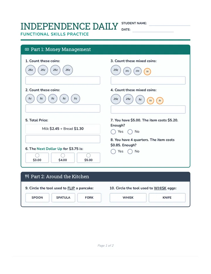 Independence Daily Worksheet