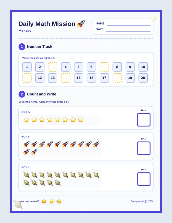 Monday Space Cadet Worksheet