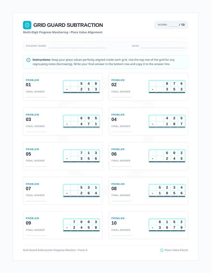 Grid Guard Subtraction Worksheet