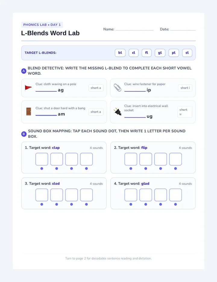 L-Blends Word Lab Worksheet