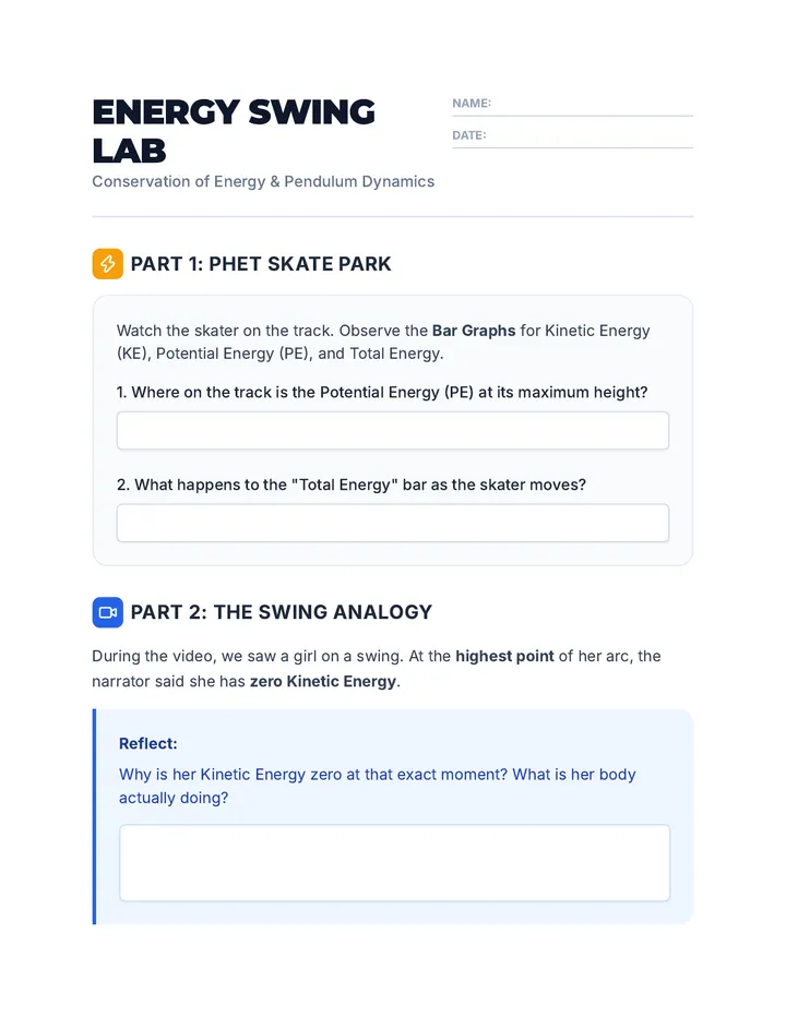 Energy Swing Worksheet