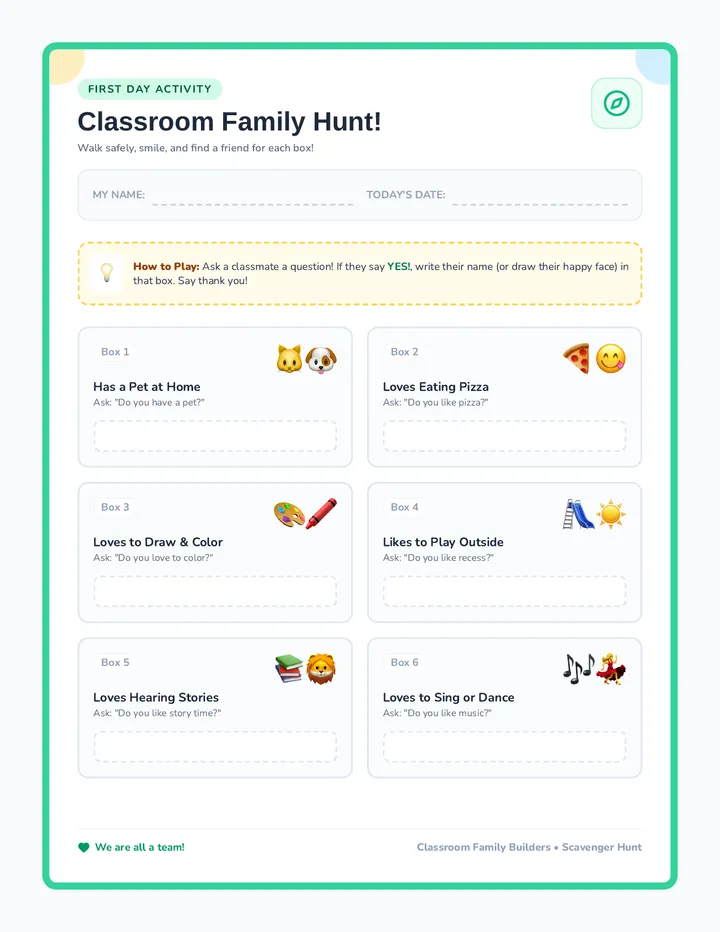 Classroom Family Hunt Worksheet