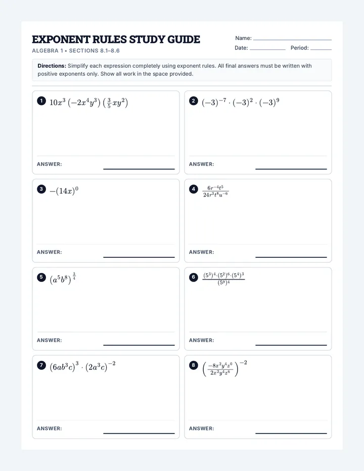 Exponent Rules Study Guide