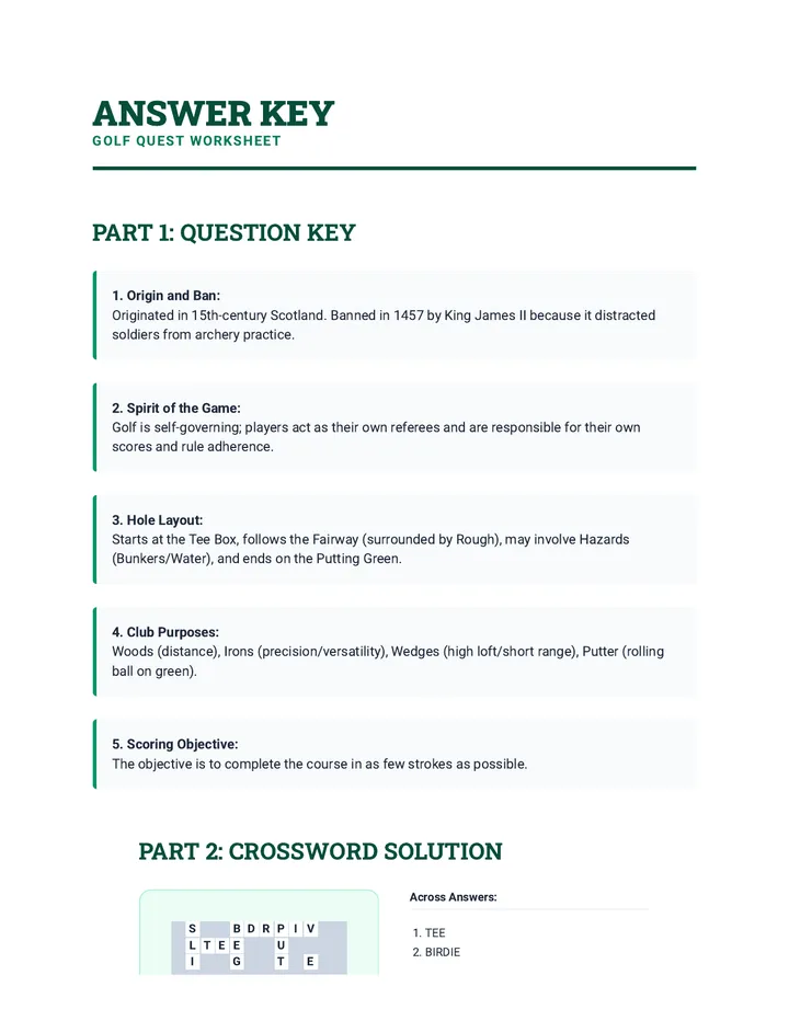 Golf Quest Answer Key