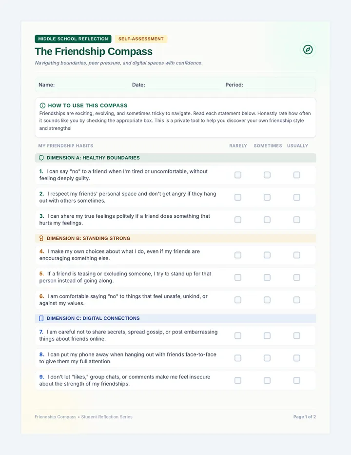 Friendship Compass Worksheet
