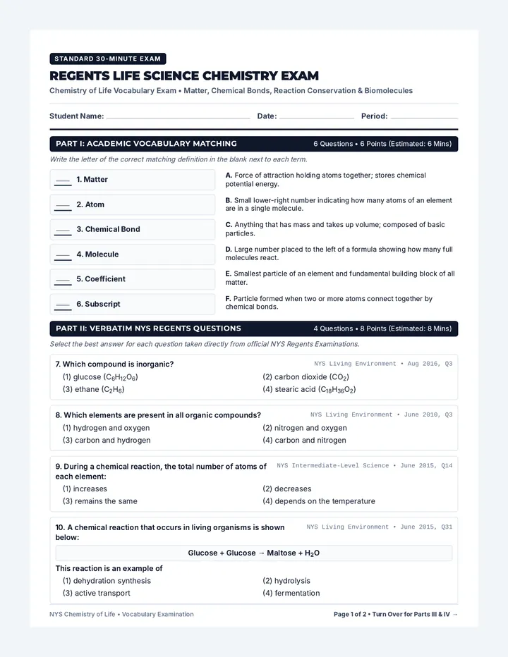 Regents Life Science Chemistry Exam