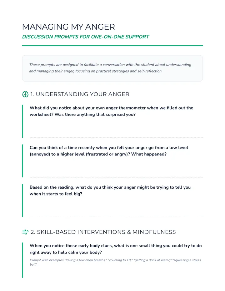 Managing My Anger Discussion Prompts Teacher Resource