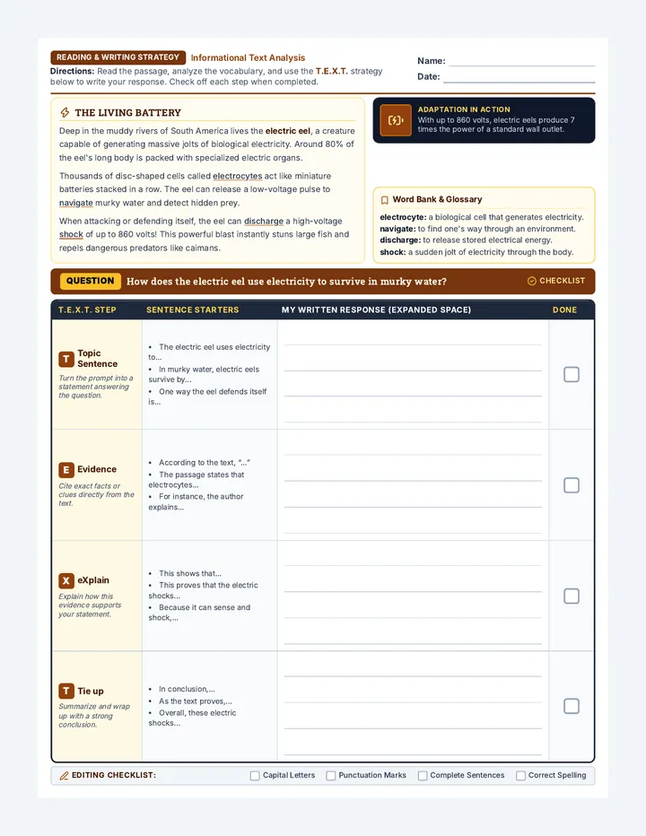 Electric Eel TEXT Worksheet