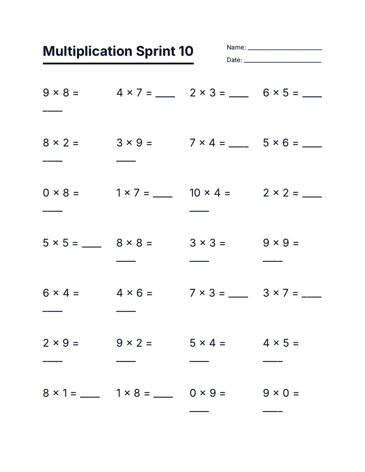 Multiplication Sprint 10 Worksheet