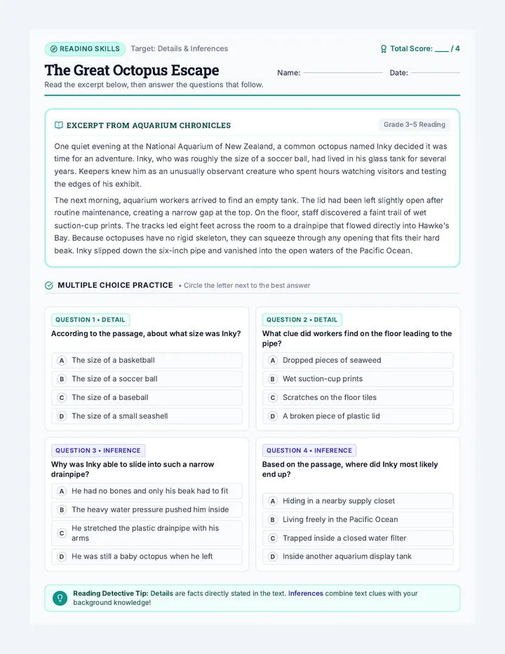 Octopus Escape Reading Worksheet