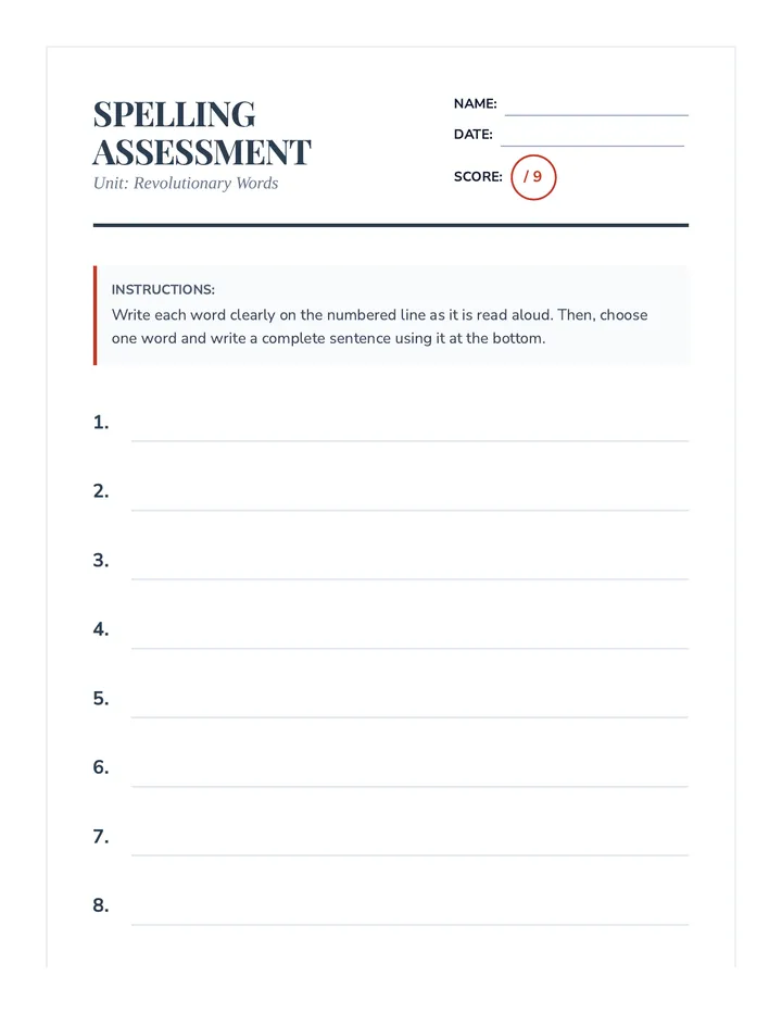 Revolutionary Spelling Test Template