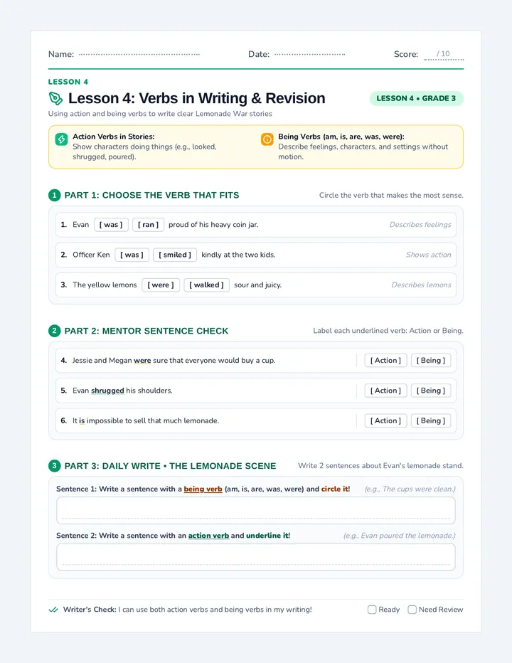 Verb Writers Practice Worksheet