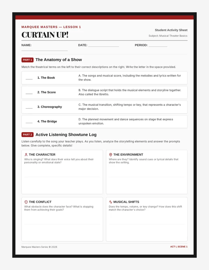 Curtain Up Worksheet