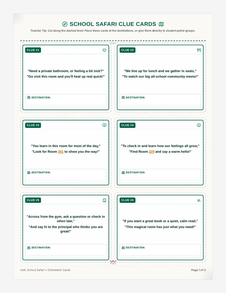 School Safari Clue Cards
