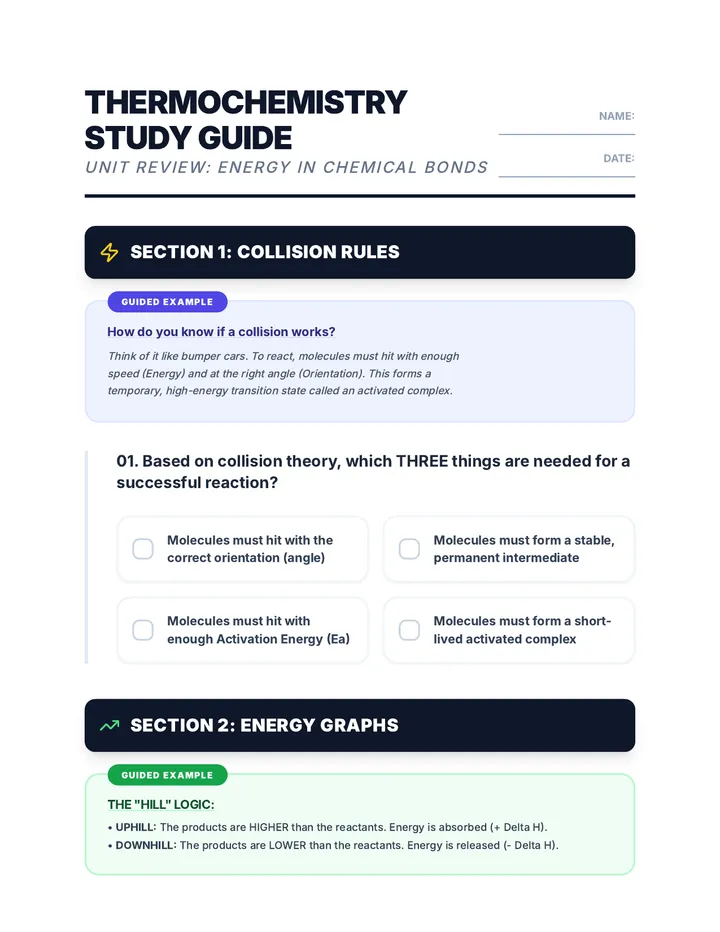 Thermochemistry Study Guide Worksheet
