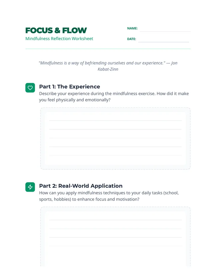 Focus Flow Reflection Worksheet