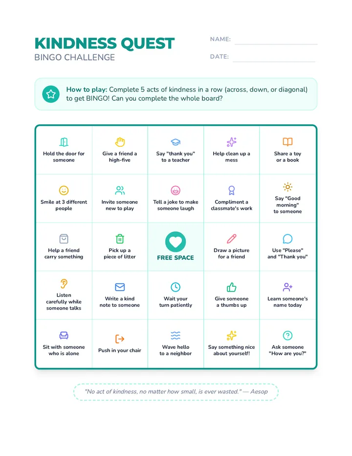 Kindness Quest Bingo Card page 1