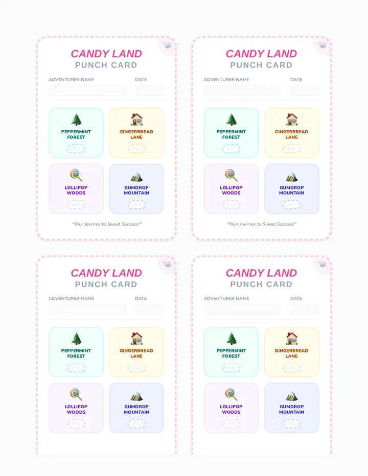 Candy Land Punch Card Worksheet