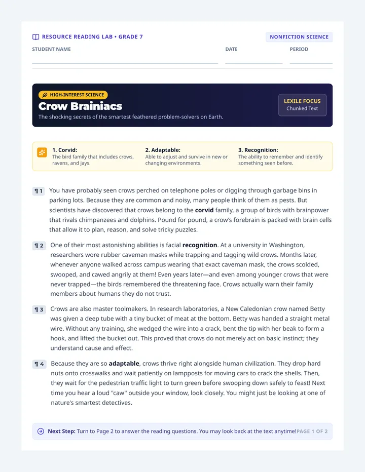 Crow Brainiacs Reading Worksheet