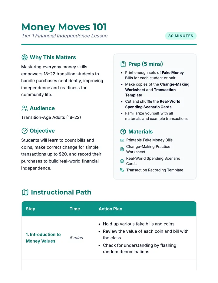 Money Moves Lesson Plan