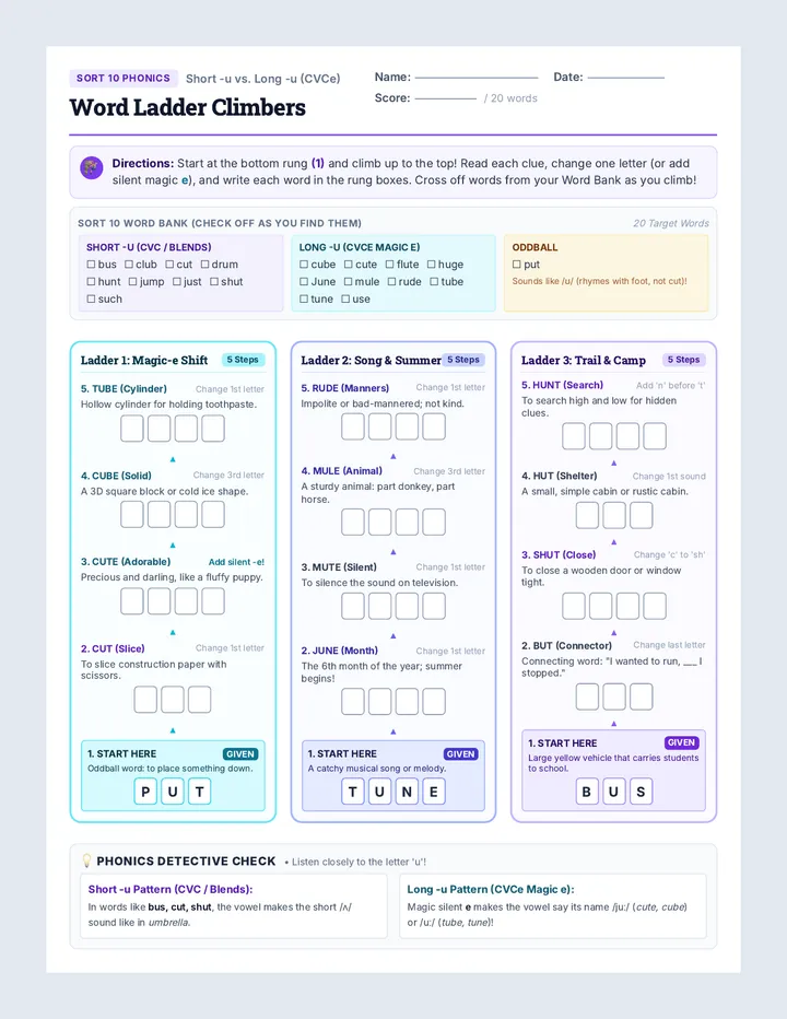 Short and Long u Word Ladder Worksheet