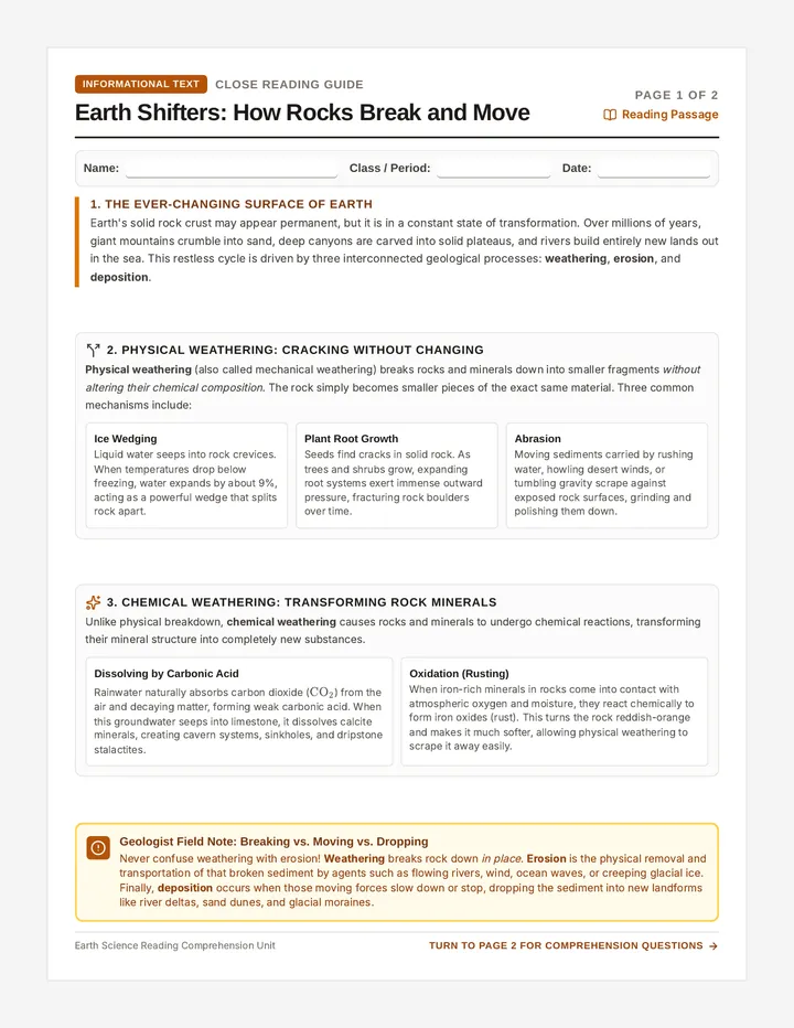 Weathering and Erosion Earth Shifters Reading Assignment