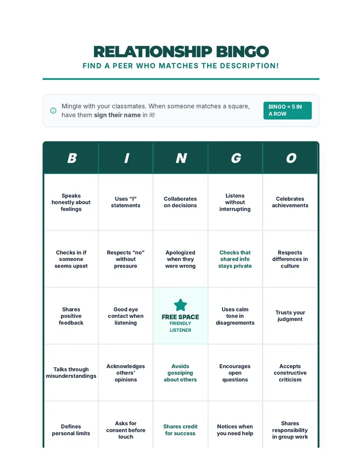 Relationship Bingo Game