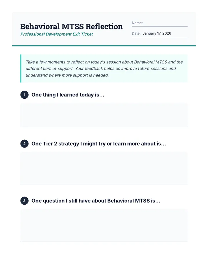 Behavioral MTSS Reflection Cool Down