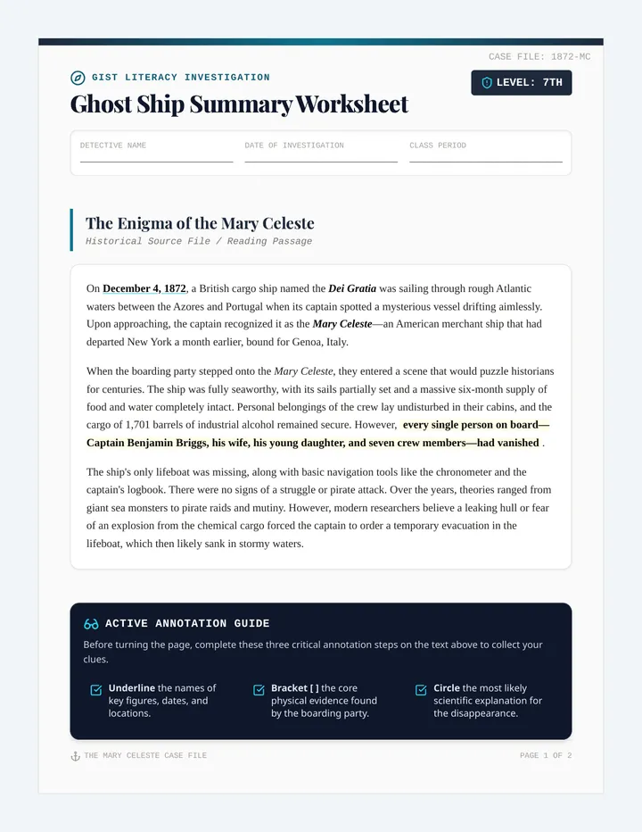 Ghost Ship Summary Worksheet