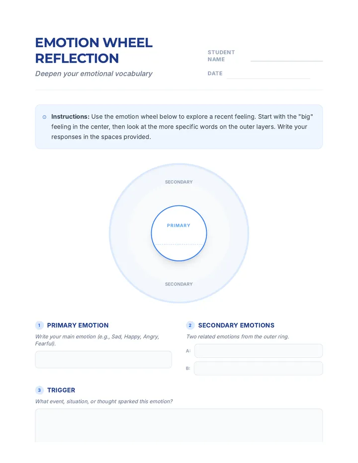 Emotion Wheel Reflection Worksheet