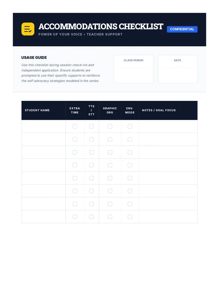 Accommodations Reminder Checklist Worksheet