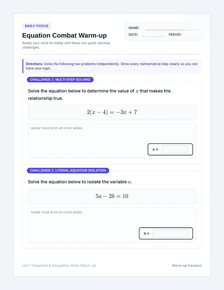 Equation Combat Warm-up Handout