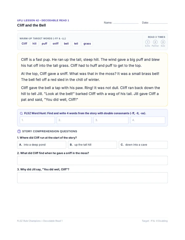 Cliff and Bell Decodable Passage