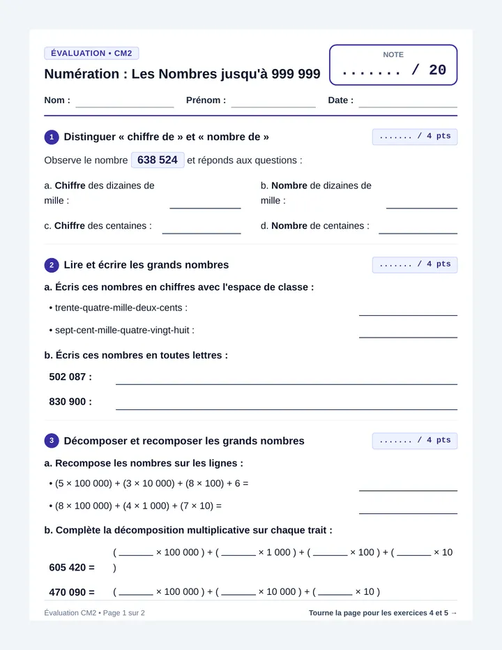 Évaluation Numération CM2