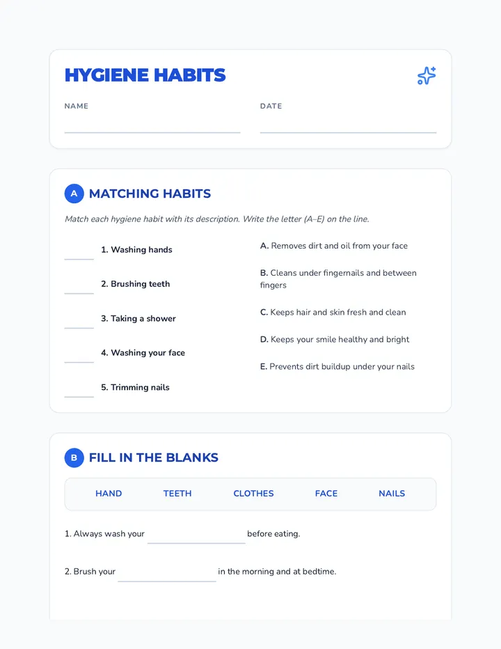 Hygiene Habits Worksheet