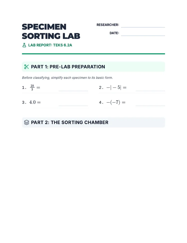 Specimen Sorting Worksheet
