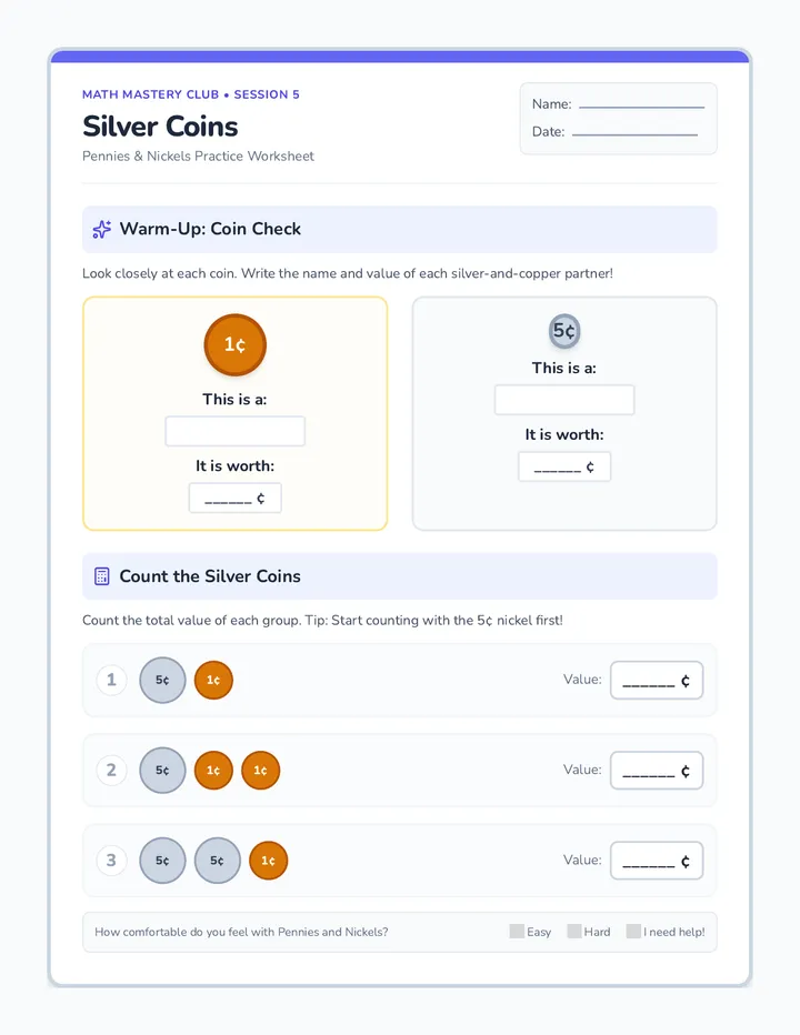 Silver Coins Worksheet