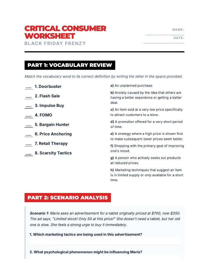 Black Friday Consumer Worksheet