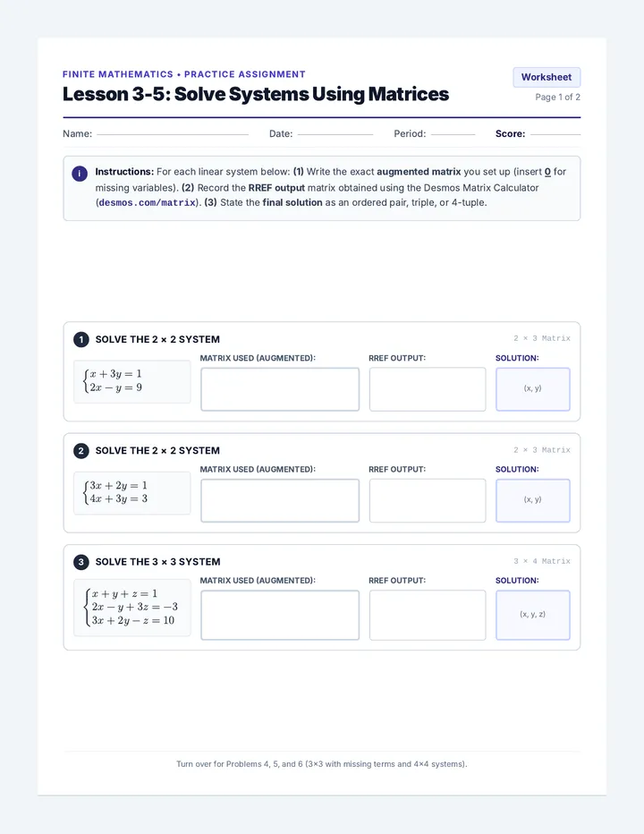 Lesson 3-5 Solve Systems Using Matrices Worksheet