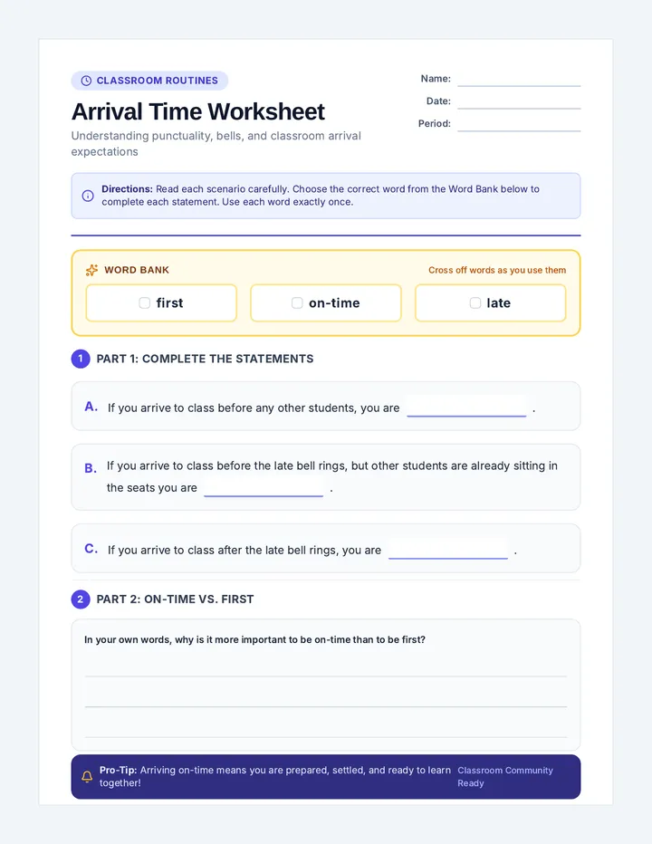 Arrival Time Worksheet