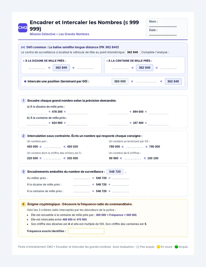 Encadrer Nombres Fiche CM2