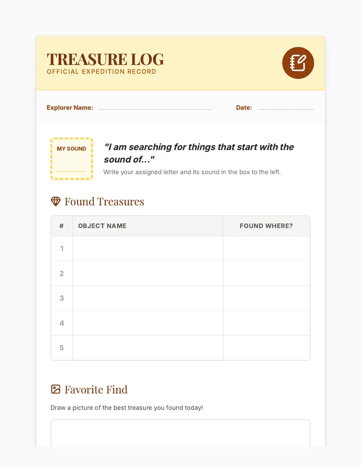 Treasure Log Worksheet