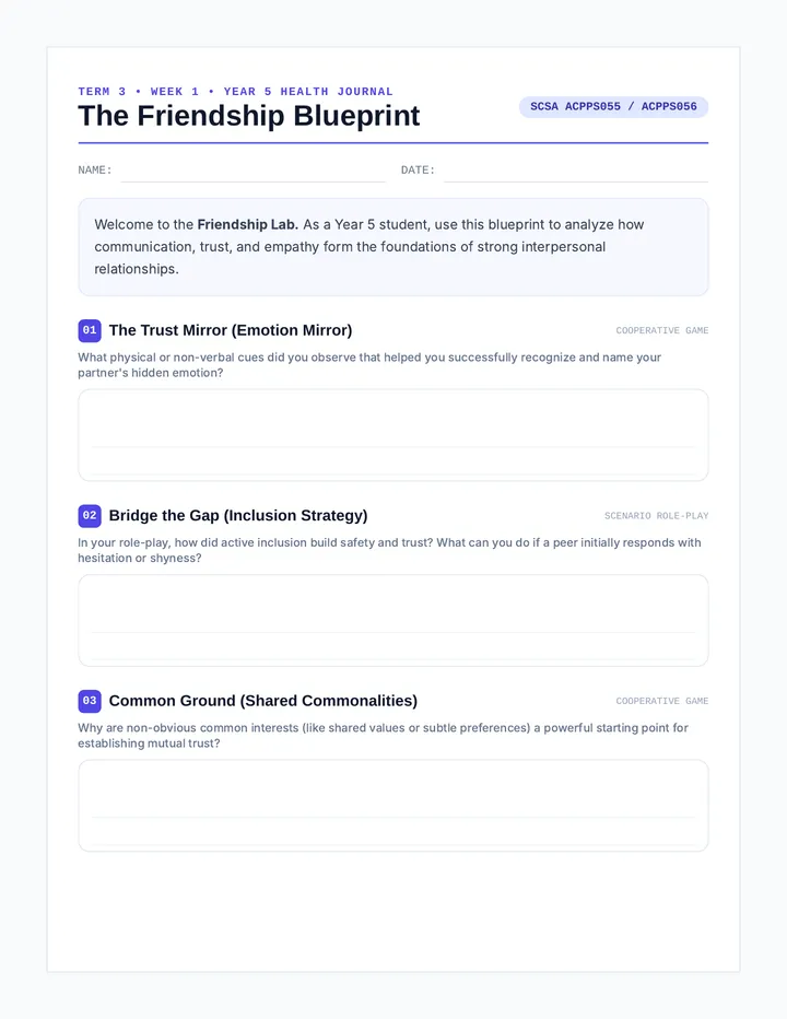 Friendship Blueprint Journal Year 5 Worksheet