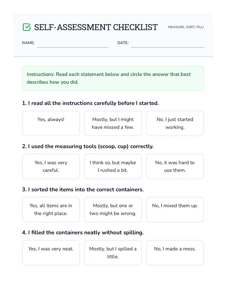 Measure Sort Fill Self-Assessment Checklist