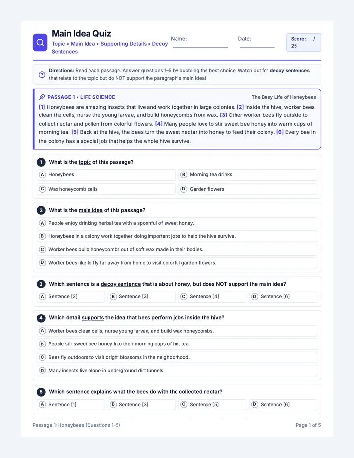 Main Idea Quiz