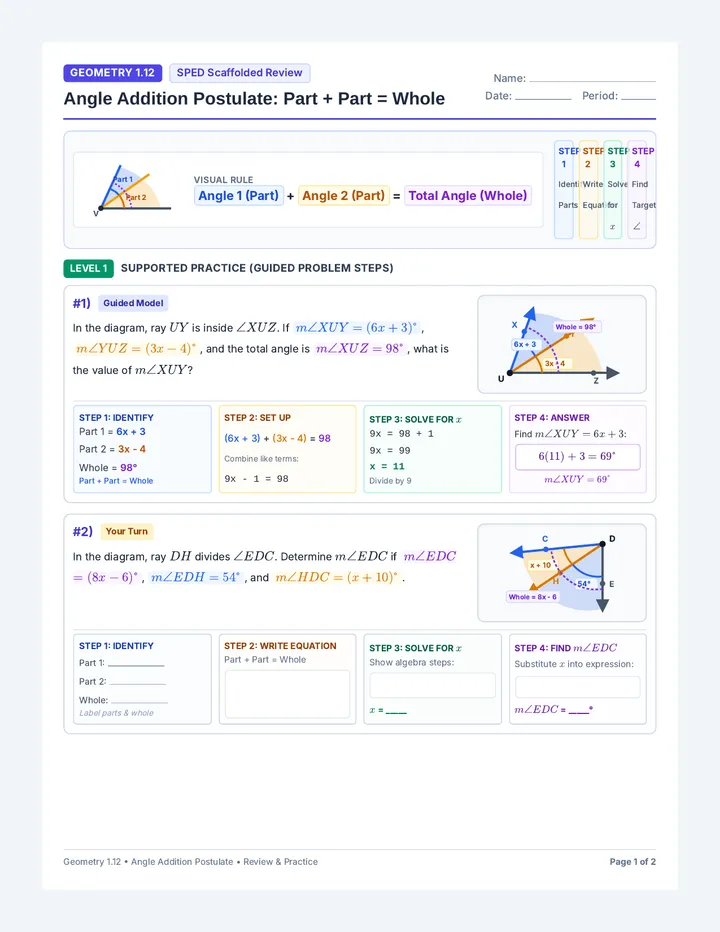 Angle Addition Practice Worksheet