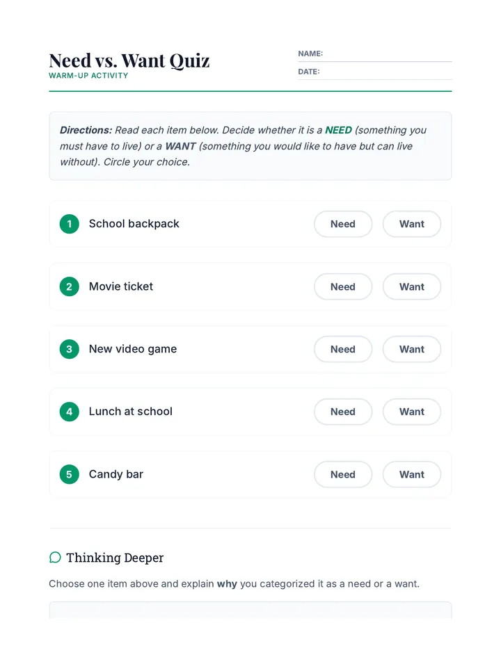 Need vs Want Quiz