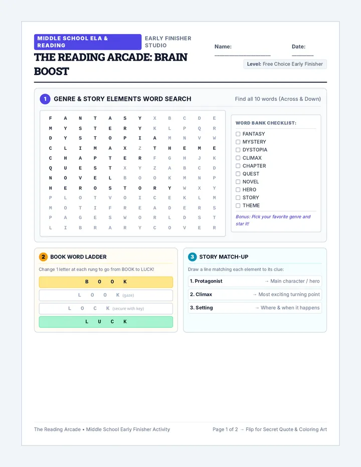 Reading Arcade Activity Sheet