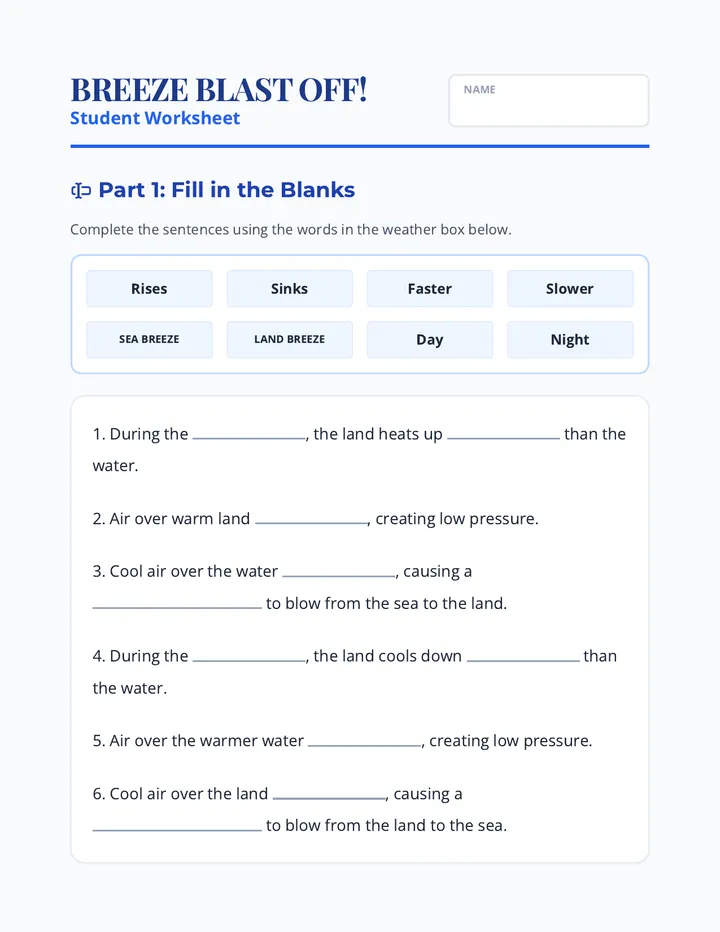 Breeze Blast Off Worksheet
