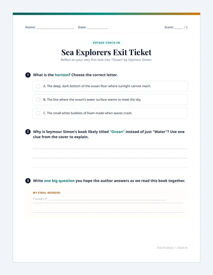Sea Explorers Exit Ticket